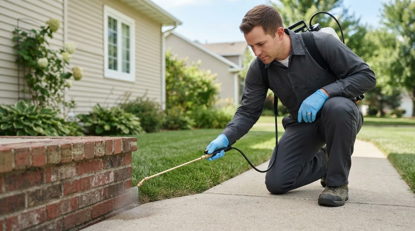 Pest control technician treating a home near Warwick, MA