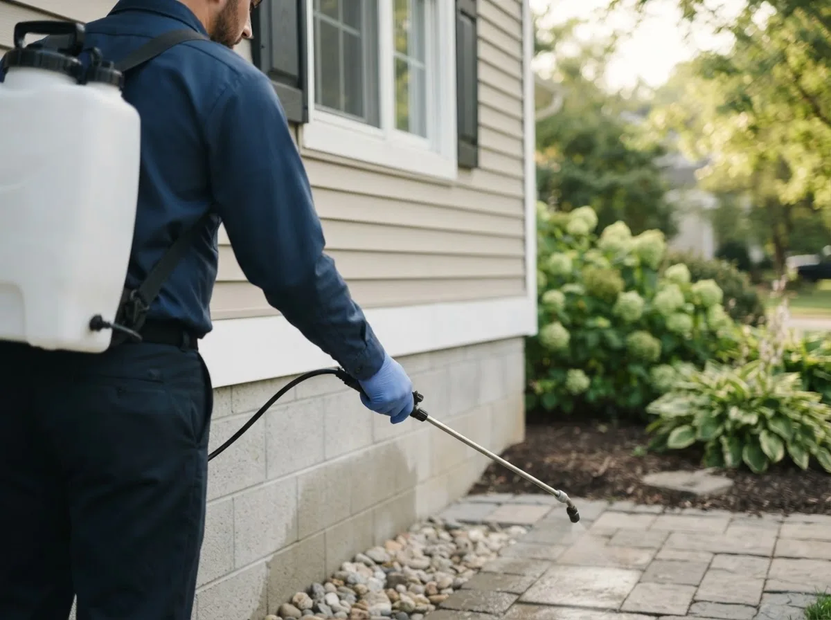 Pest control technician inspecting a home in Warwick, MA
